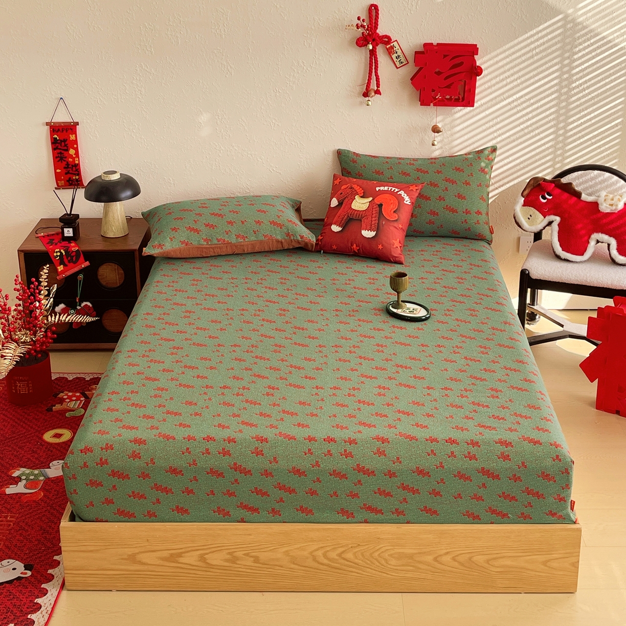 春皖家纺 2026新款全棉色织双层纱提花百福系列拉链款-单床笠 绿赤兔