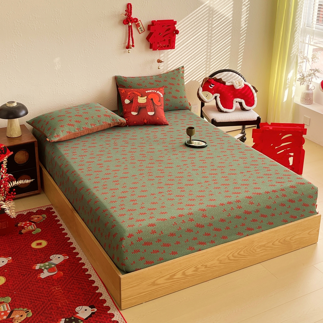 91家纺网 家纺一手货源 找家纺 春皖家纺 2026新款全棉色织双层纱提花百福系列拉链款-单床笠 绿赤兔