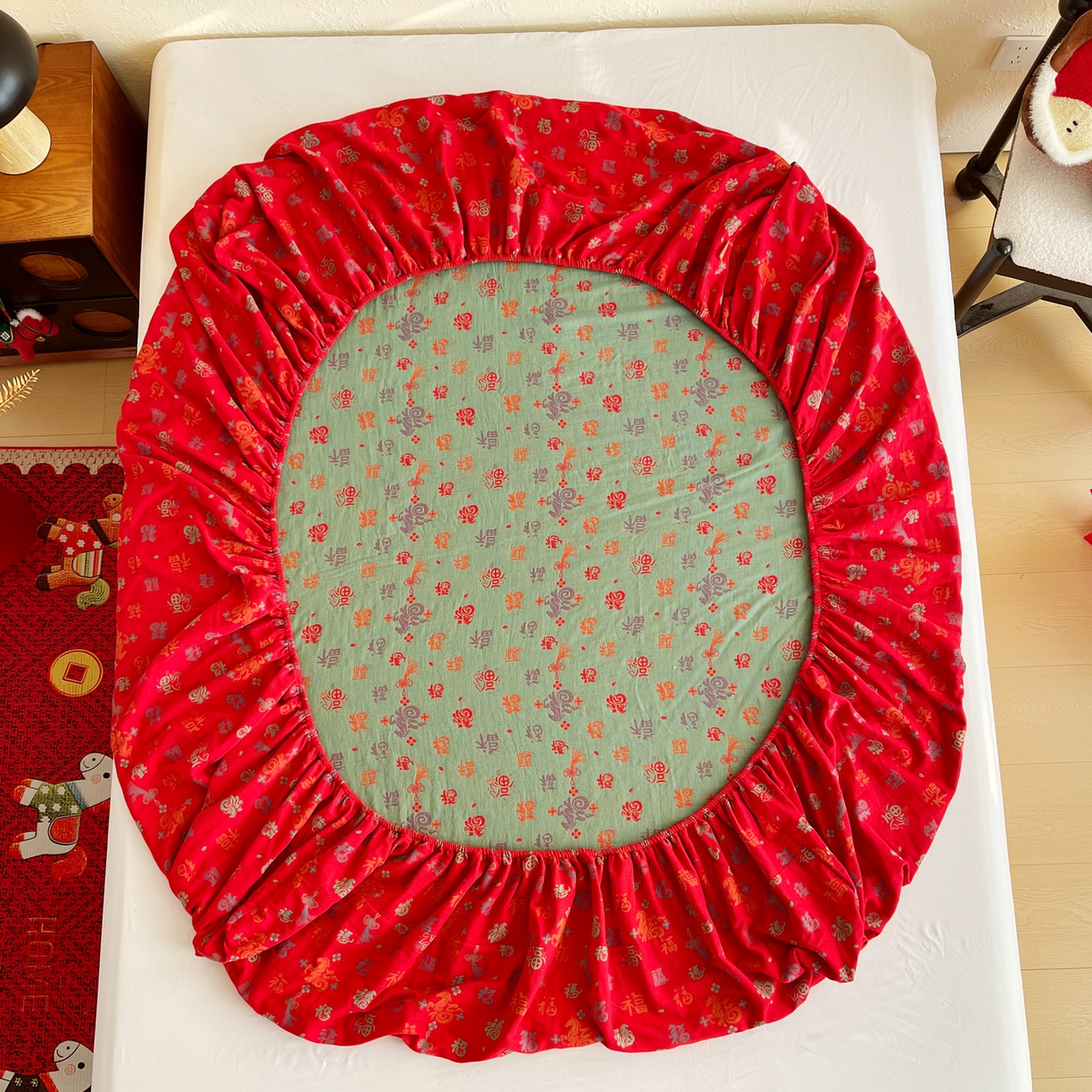 91家纺网 家纺一手货源 找家纺 春皖家纺 2026新款全棉色织双层纱提花百福系列拉链款-单床笠 红福马