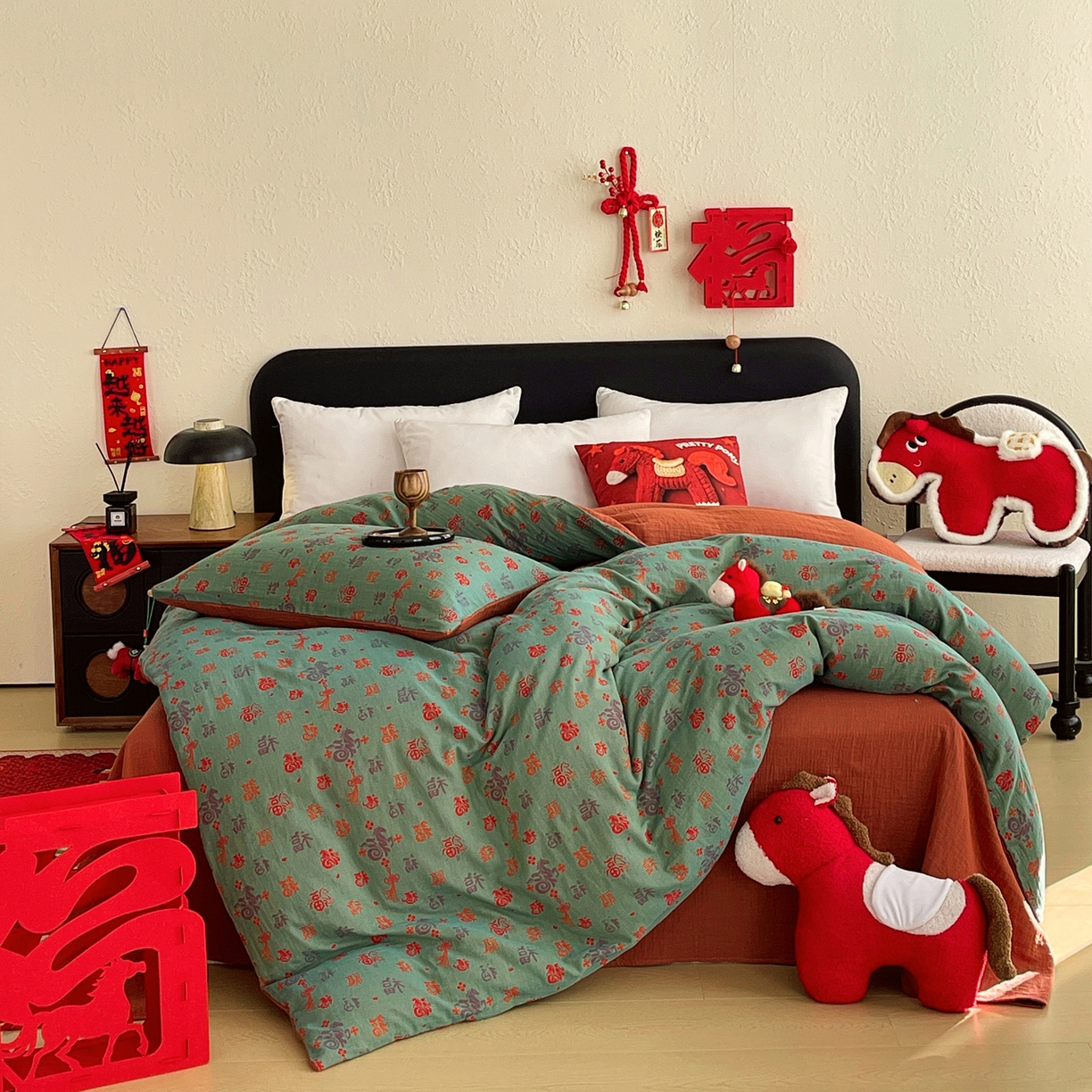 91家纺网 家纺一手货源 找家纺 春皖家纺 2026新款全棉色织双层纱提花百福系列拉链款-单被套 绿福马