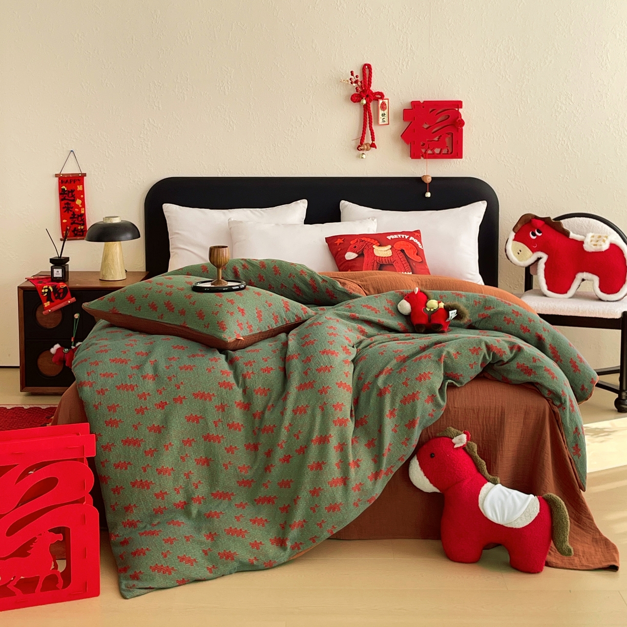 春皖家纺 2026新款全棉色织双层纱提花百福系列拉链款-单被套 绿赤兔