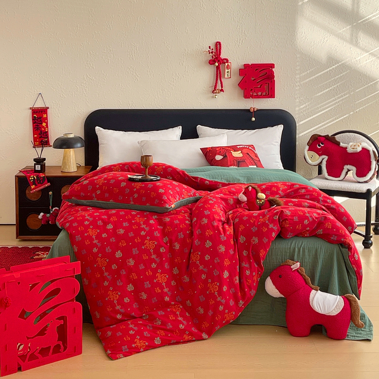 春皖家纺 2026新款全棉色织双层纱提花百福系列拉链款-单被套 红福马