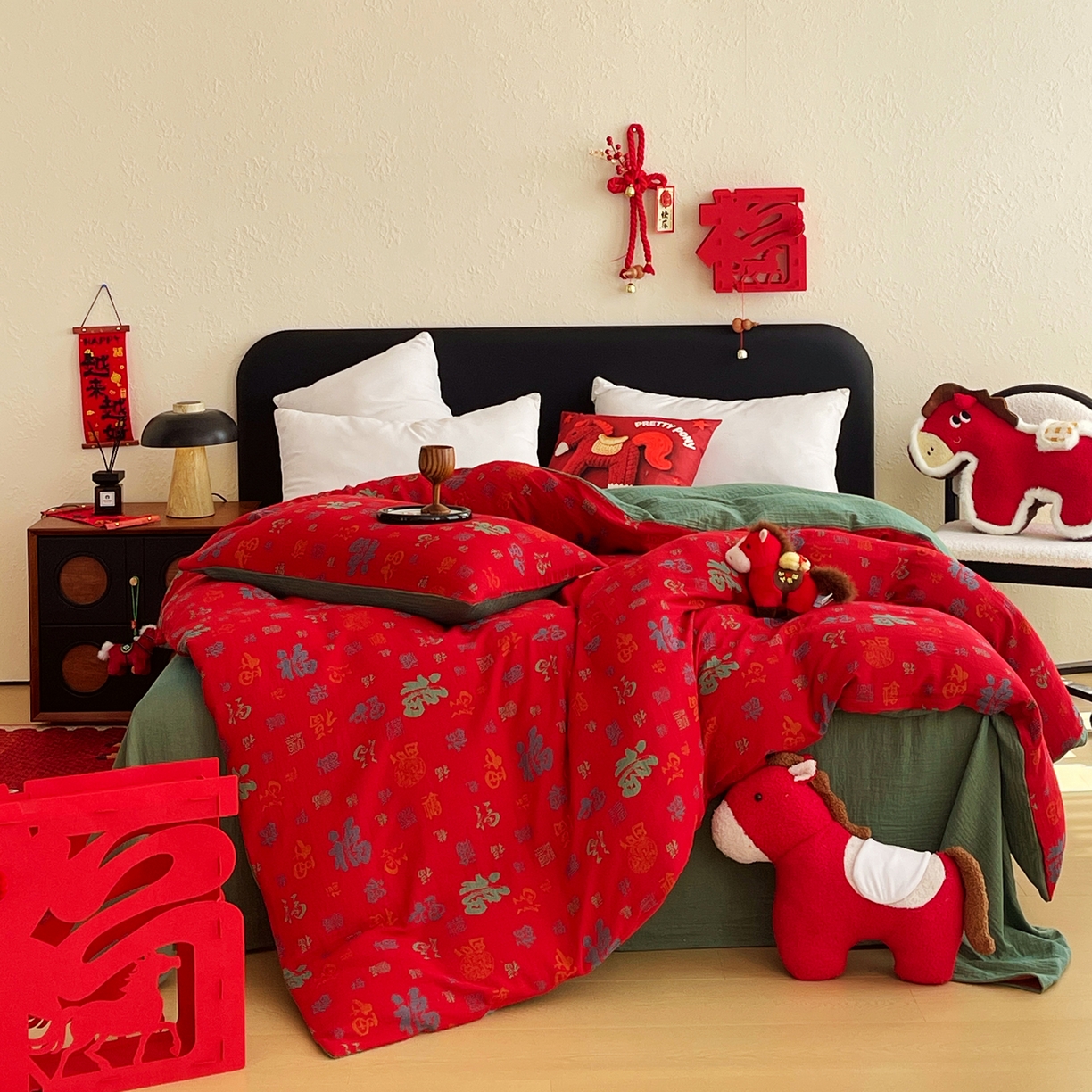 春皖家纺 2026新款全棉色织双层纱提花百福系列拉链款-单被套 红百福