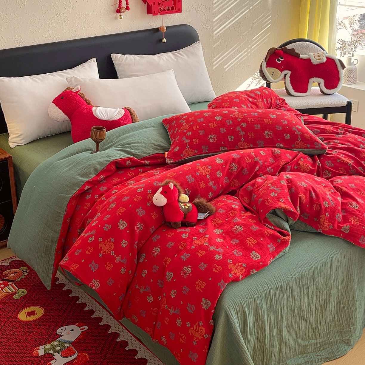 91家纺网 家纺一手货源 找家纺 春皖家纺 2026新款全棉色织双层纱提花百福系列拉链款-单被套 红福马