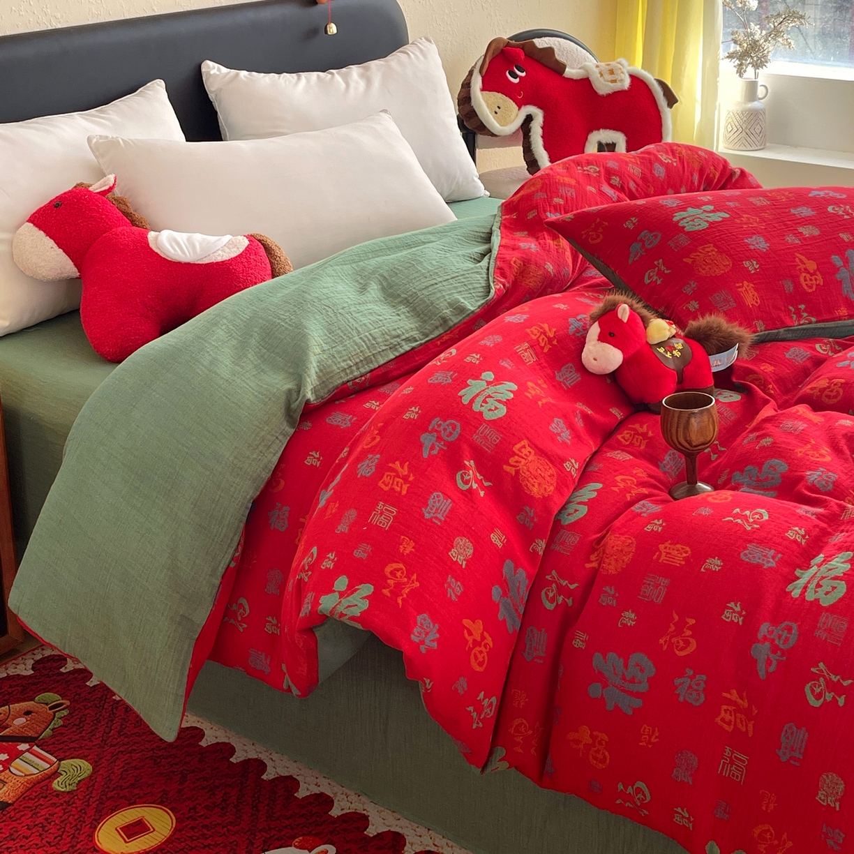 91家纺网 家纺一手货源 找家纺 春皖家纺 2026新款全棉色织双层纱提花百福系列拉链款-单被套 红百福