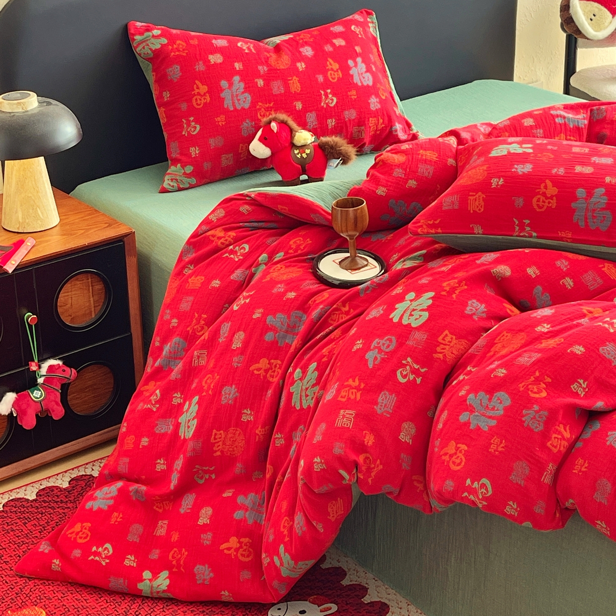 91家纺网 家纺一手货源 找家纺 （总）春皖家纺 2026新款全棉色织双层纱提花百福系列拉链款-四件套