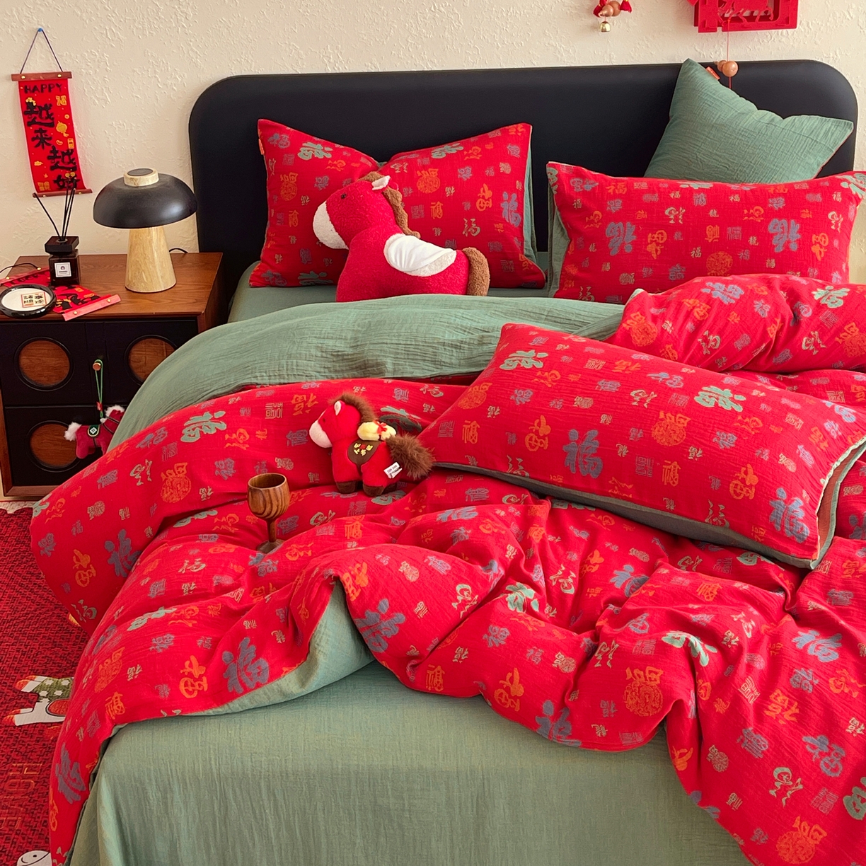 91家纺网 家纺一手货源 找家纺 （总）春皖家纺 2026新款全棉色织双层纱提花百福系列拉链款-四件套