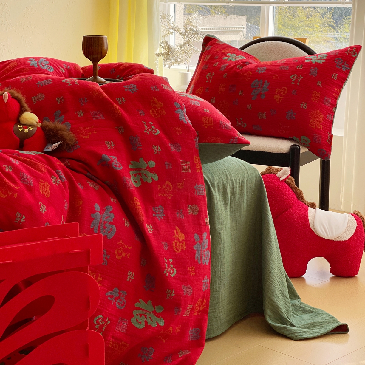 91家纺网 家纺一手货源 找家纺 （总）春皖家纺 2026新款全棉色织双层纱提花百福系列拉链款-四件套