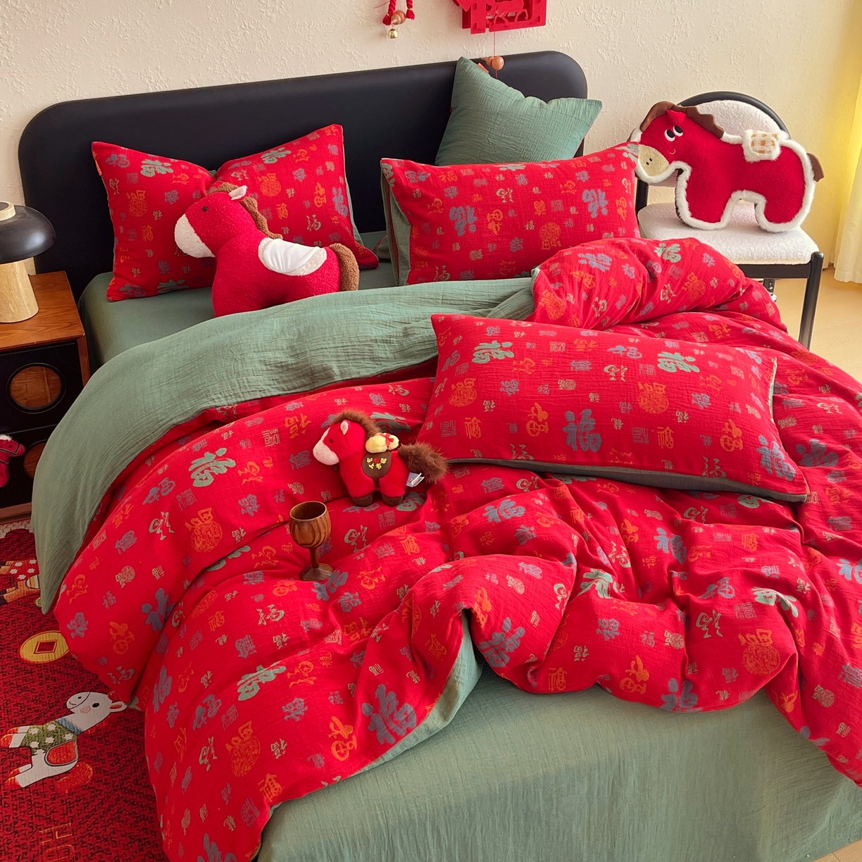 91家纺网 家纺一手货源 找家纺 （总）春皖家纺 2026新款全棉色织双层纱提花百福系列拉链款-四件套