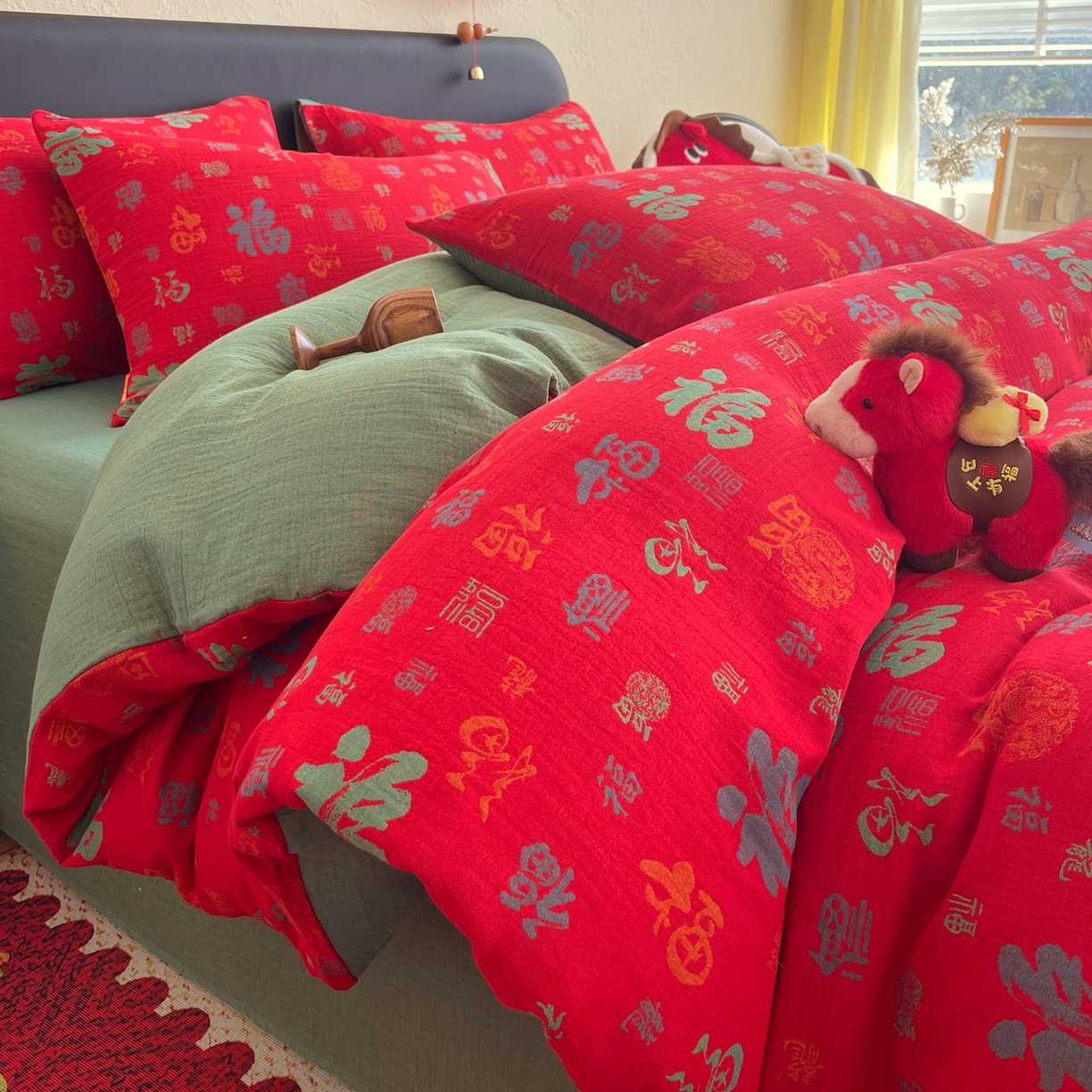 91家纺网 家纺一手货源 找家纺 （总）春皖家纺 2026新款全棉色织双层纱提花百福系列拉链款-四件套