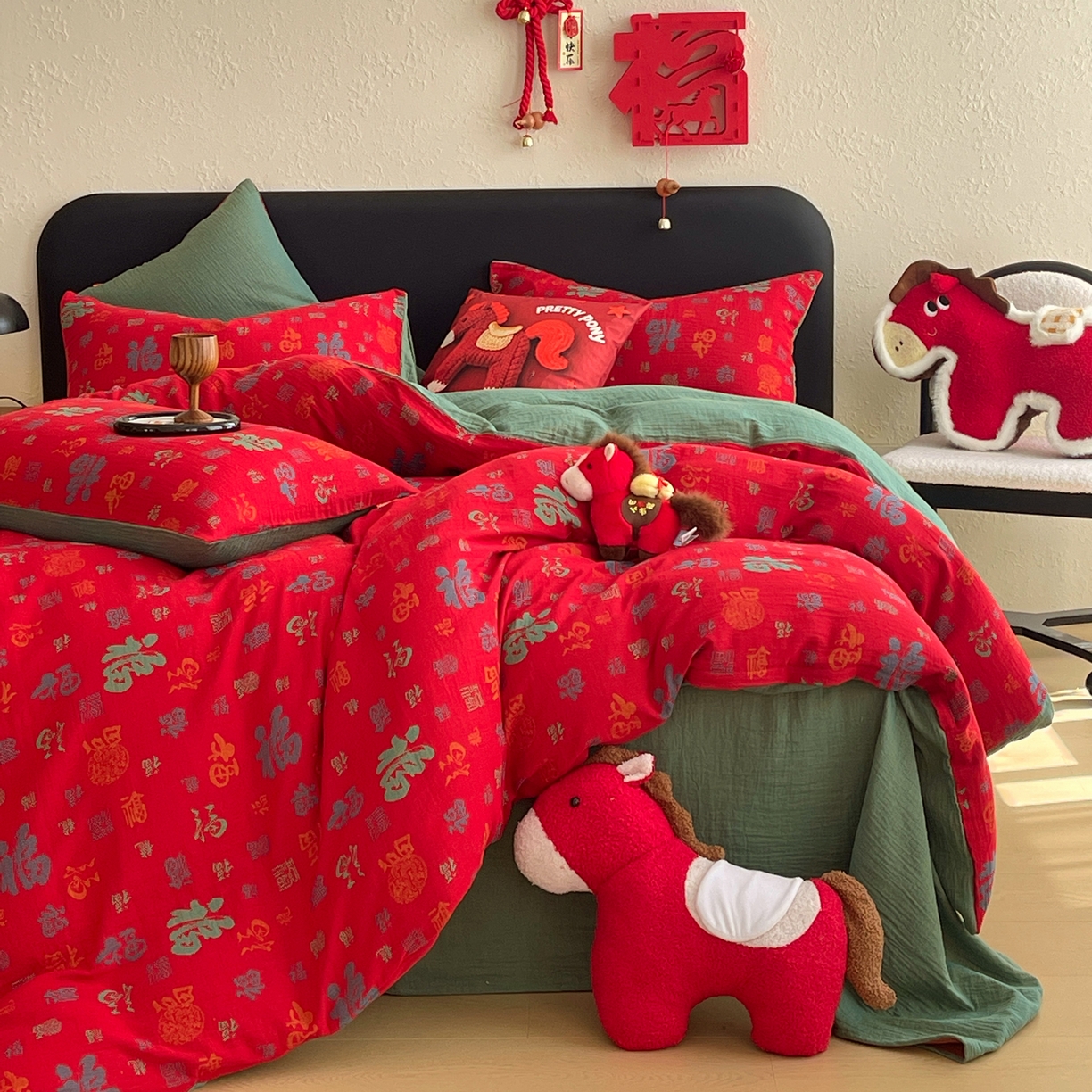 91家纺网 家纺一手货源 找家纺 （总）春皖家纺 2026新款全棉色织双层纱提花百福系列拉链款-四件套