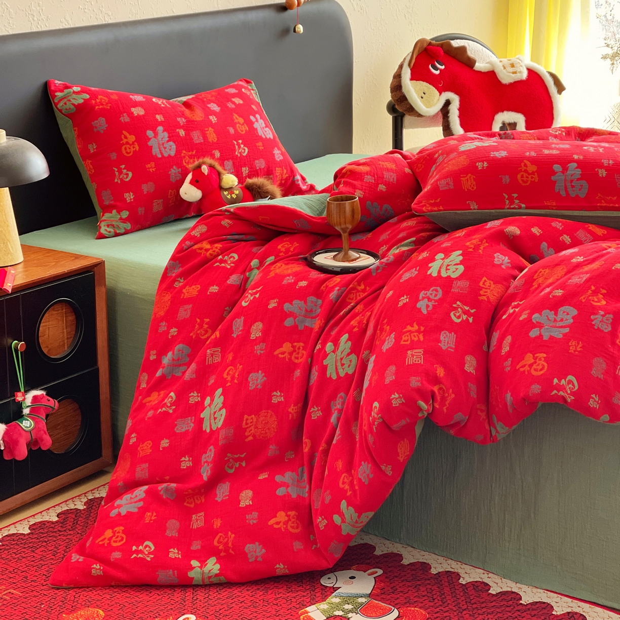 91家纺网 家纺一手货源 找家纺 （总）春皖家纺 2026新款全棉色织双层纱提花百福系列拉链款-四件套