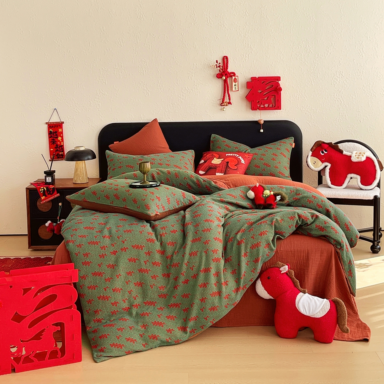 91家纺网 家纺一手货源 找家纺 （总）春皖家纺 2026新款全棉色织双层纱提花百福系列拉链款-四件套