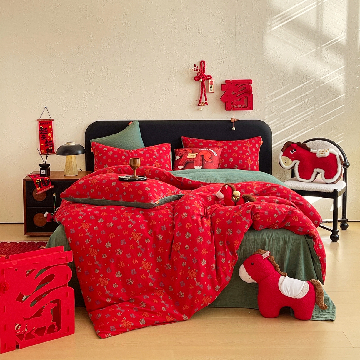 春皖家纺 2026新款全棉色织双层纱提花百福系列拉链款-四件套 红福马