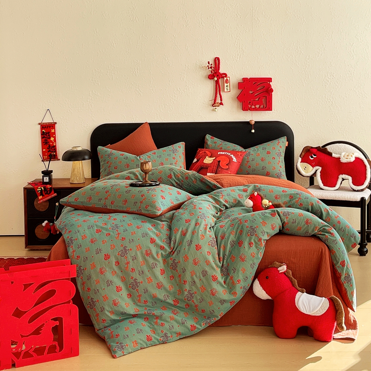 春皖家纺 2026新款全棉色织双层纱提花百福系列拉链款-四件套 绿福马