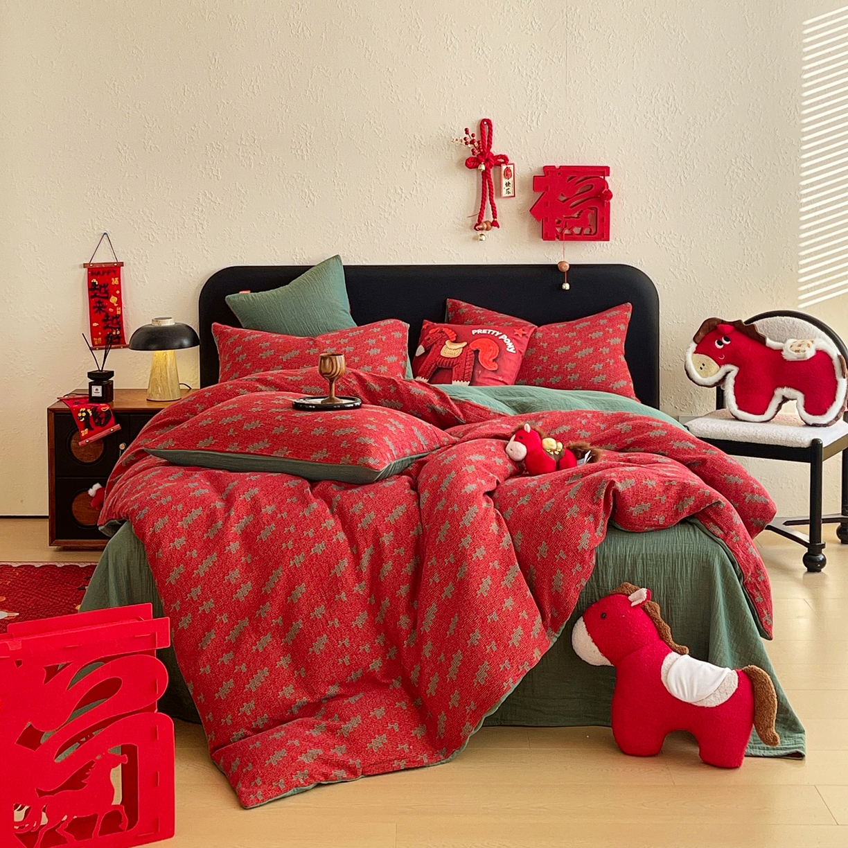 春皖家纺 2026新款全棉色织双层纱提花百福系列拉链款-四件套 红赤兔