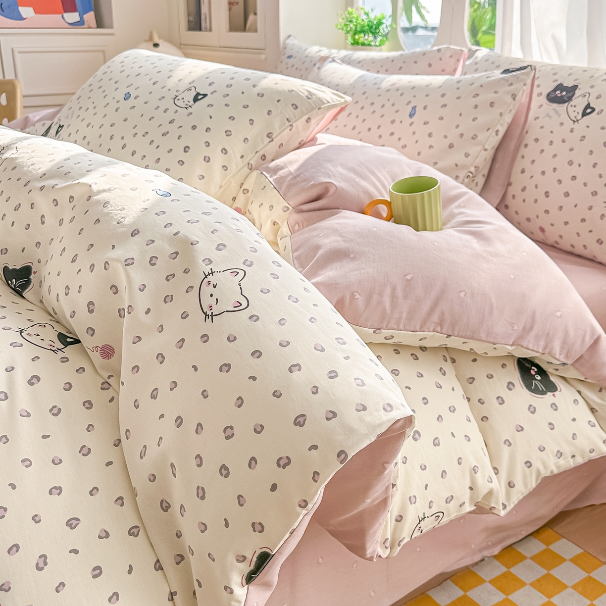 颜选 2026新款全棉纯棉印花四件套 粉红顽皮猫
