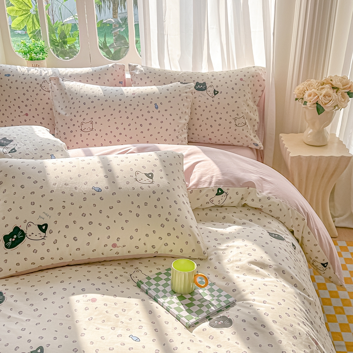 91家纺网 家纺一手货源 找家纺 颜选 2026新款全棉纯棉印花四件套 粉红顽皮猫