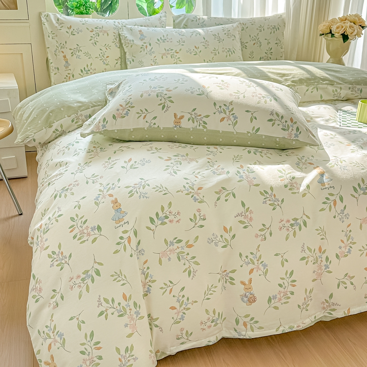 91家纺网 家纺一手货源 找家纺 颜选 2026新款全棉纯棉印花四件套 风铃小兔