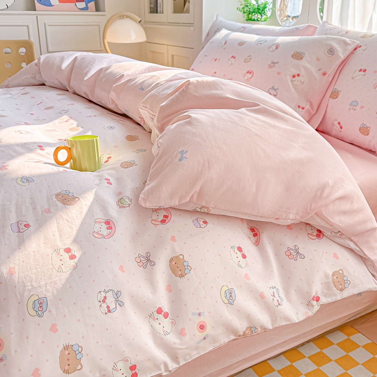 91家纺网 家纺一手货源 找家纺 颜选 2026新款全棉纯棉印花四件套 猫猫乐园