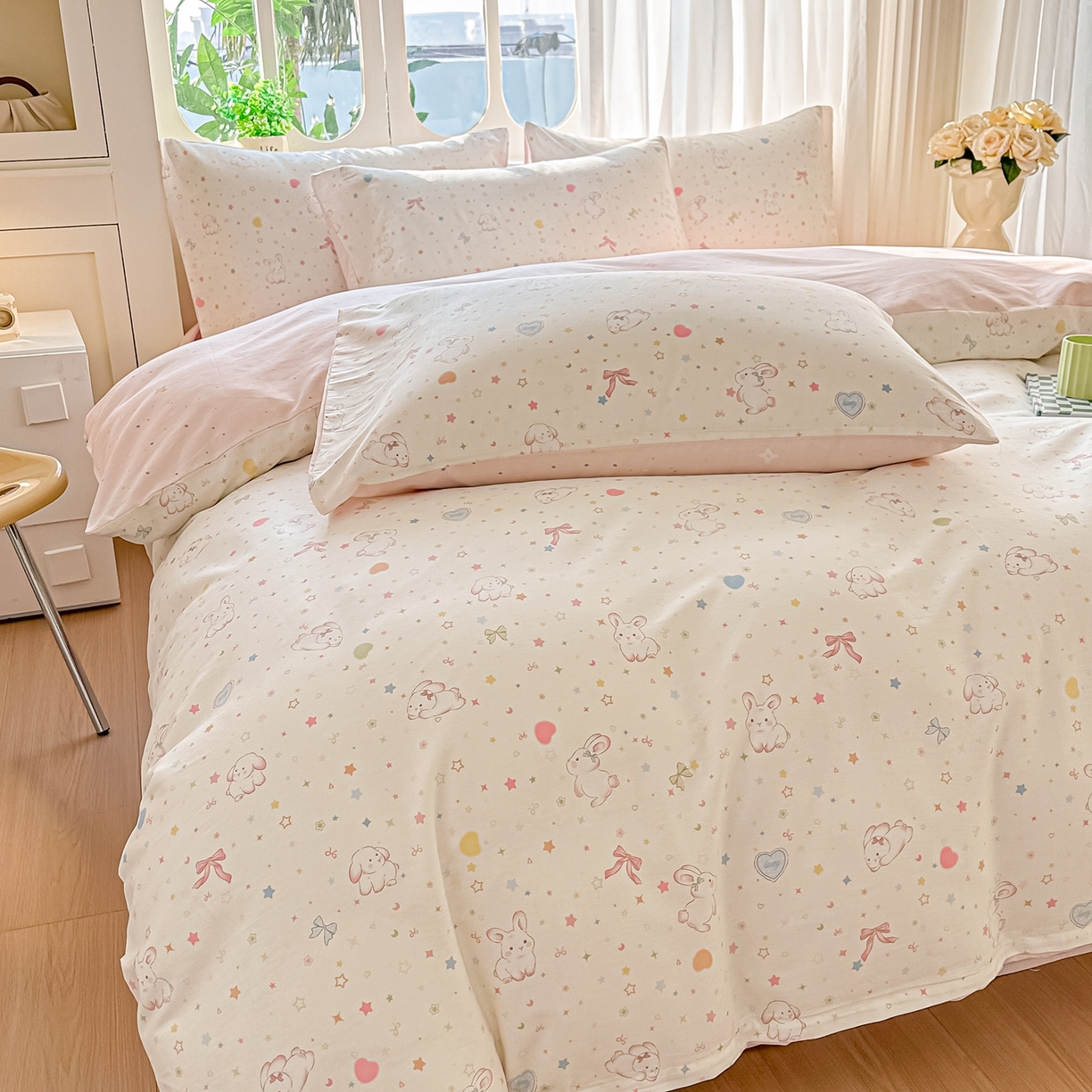 91家纺网 家纺一手货源 找家纺 颜选 2026新款全棉纯棉印花四件套 兔兔甜心