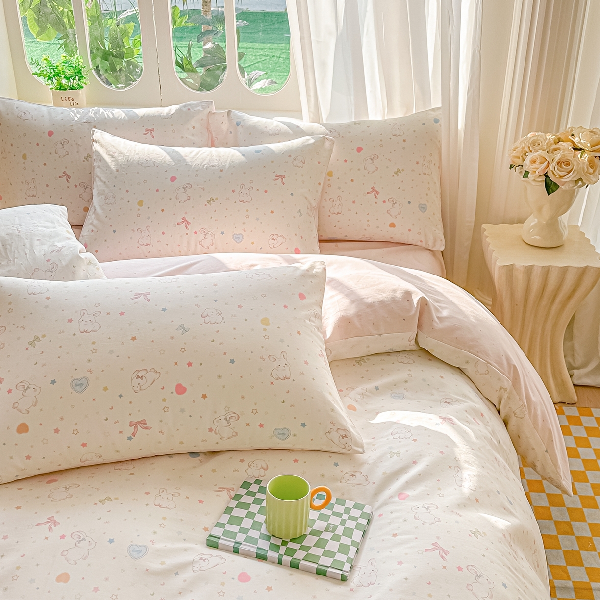 91家纺网 家纺一手货源 找家纺 颜选 2026新款全棉纯棉印花四件套 兔兔甜心