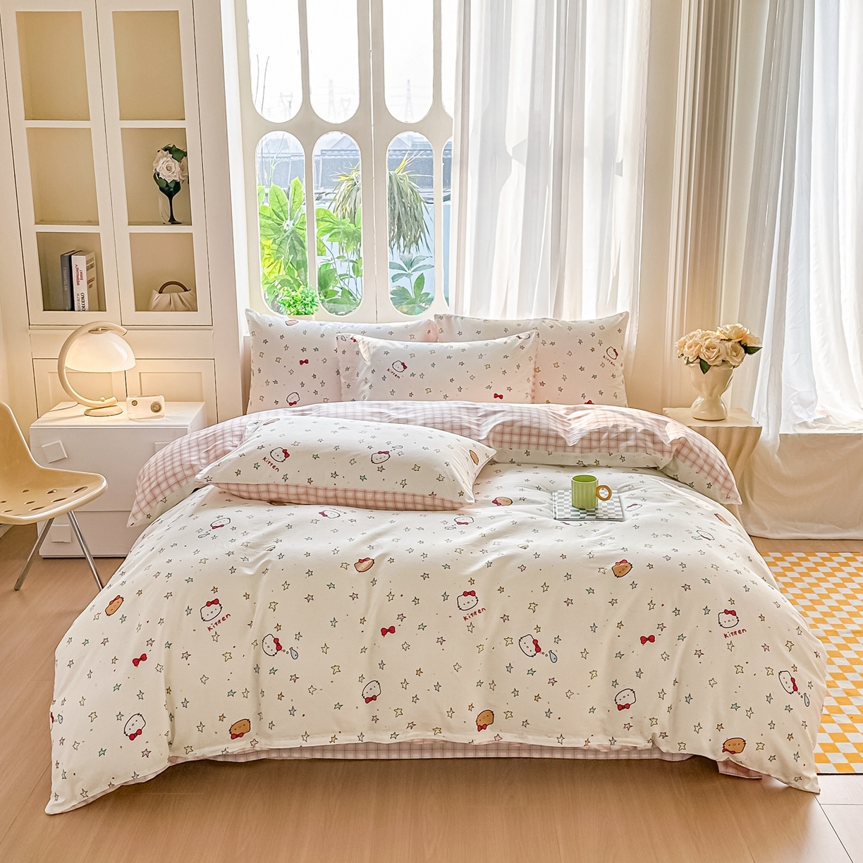 91家纺网 家纺一手货源 找家纺 颜选 2026新款全棉纯棉印花四件套 星星凯蒂猫