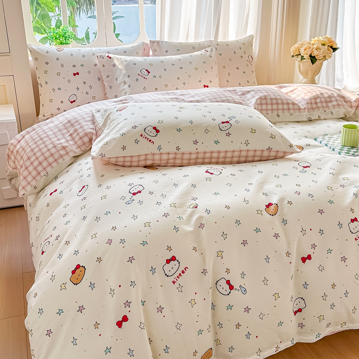 91家纺网 家纺一手货源 找家纺 颜选 2026新款全棉纯棉印花四件套 星星凯蒂猫