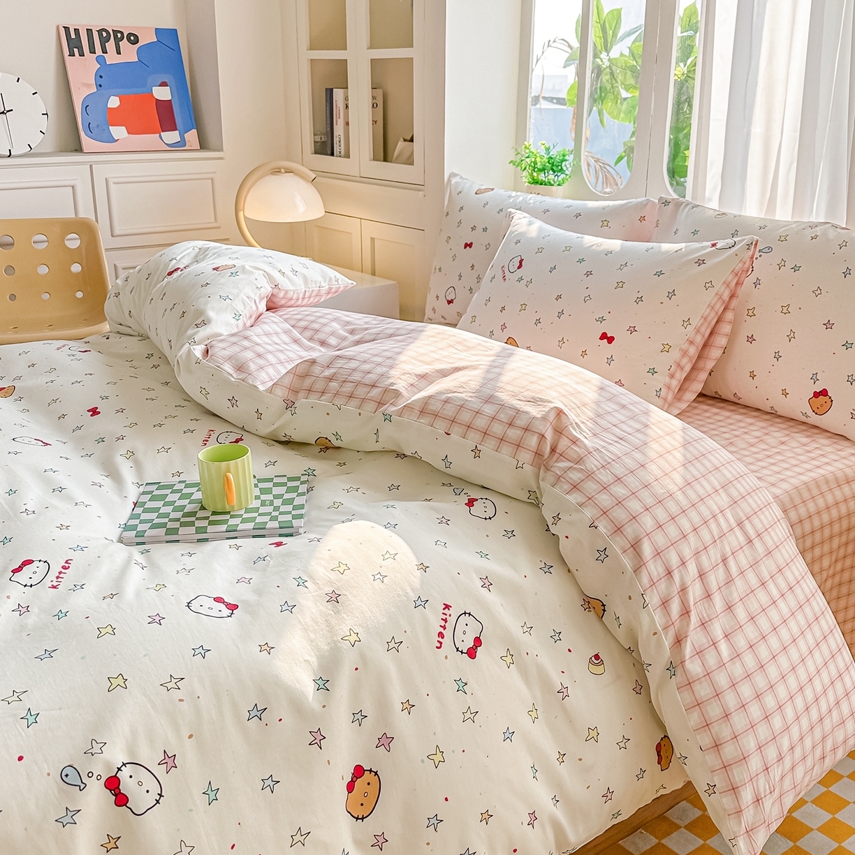 91家纺网 家纺一手货源 找家纺 颜选 2026新款全棉纯棉印花四件套 星星凯蒂猫