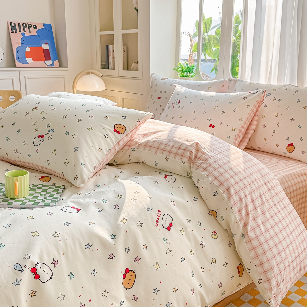 91家纺网 家纺一手货源 找家纺 颜选 2026新款全棉纯棉印花四件套 星星凯蒂猫