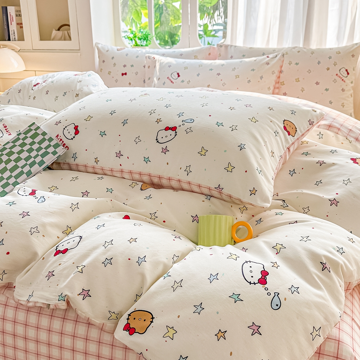 91家纺网 家纺一手货源 找家纺 颜选 2026新款全棉纯棉印花四件套 星星凯蒂猫