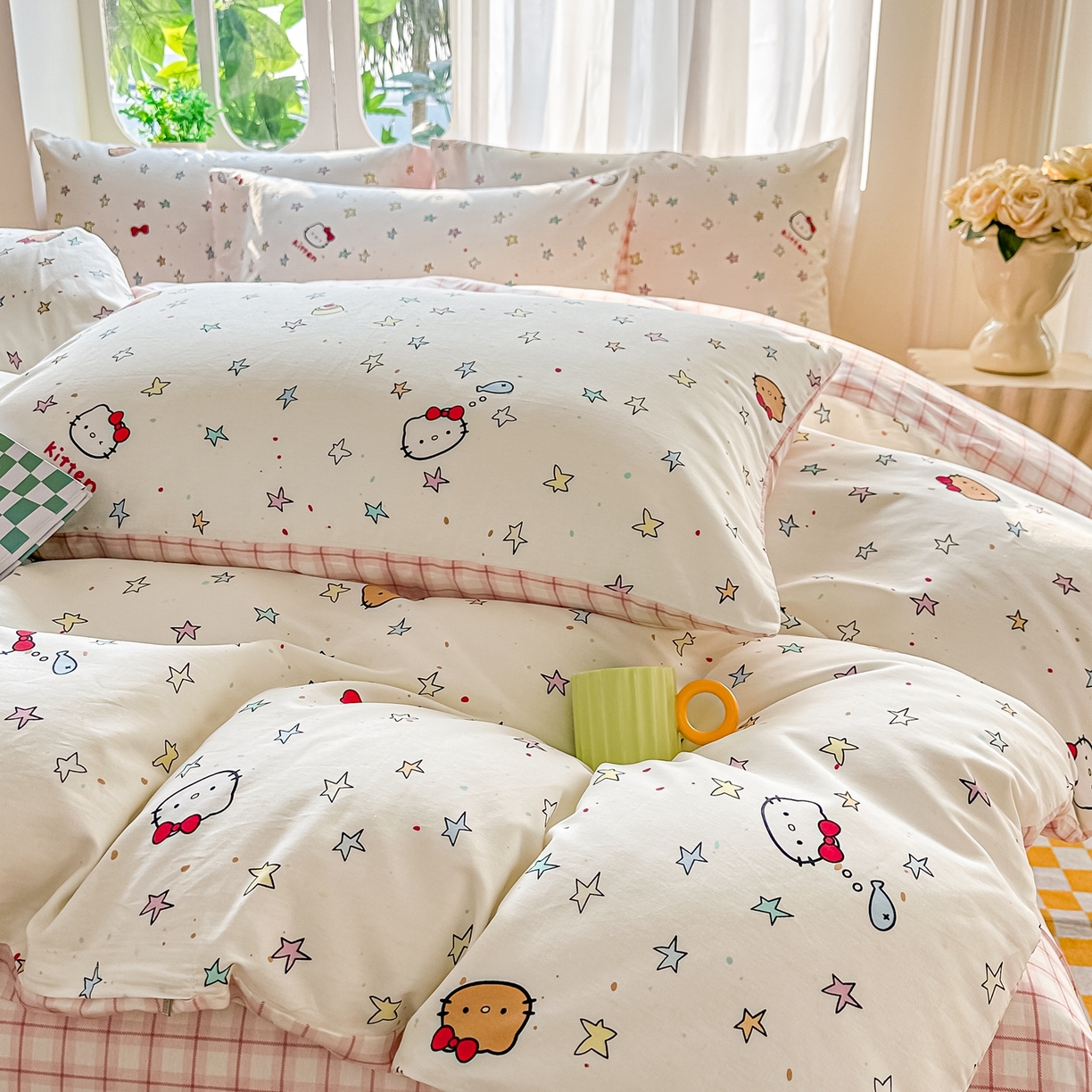 91家纺网 家纺一手货源 找家纺 颜选 2026新款全棉纯棉印花四件套 星星凯蒂猫