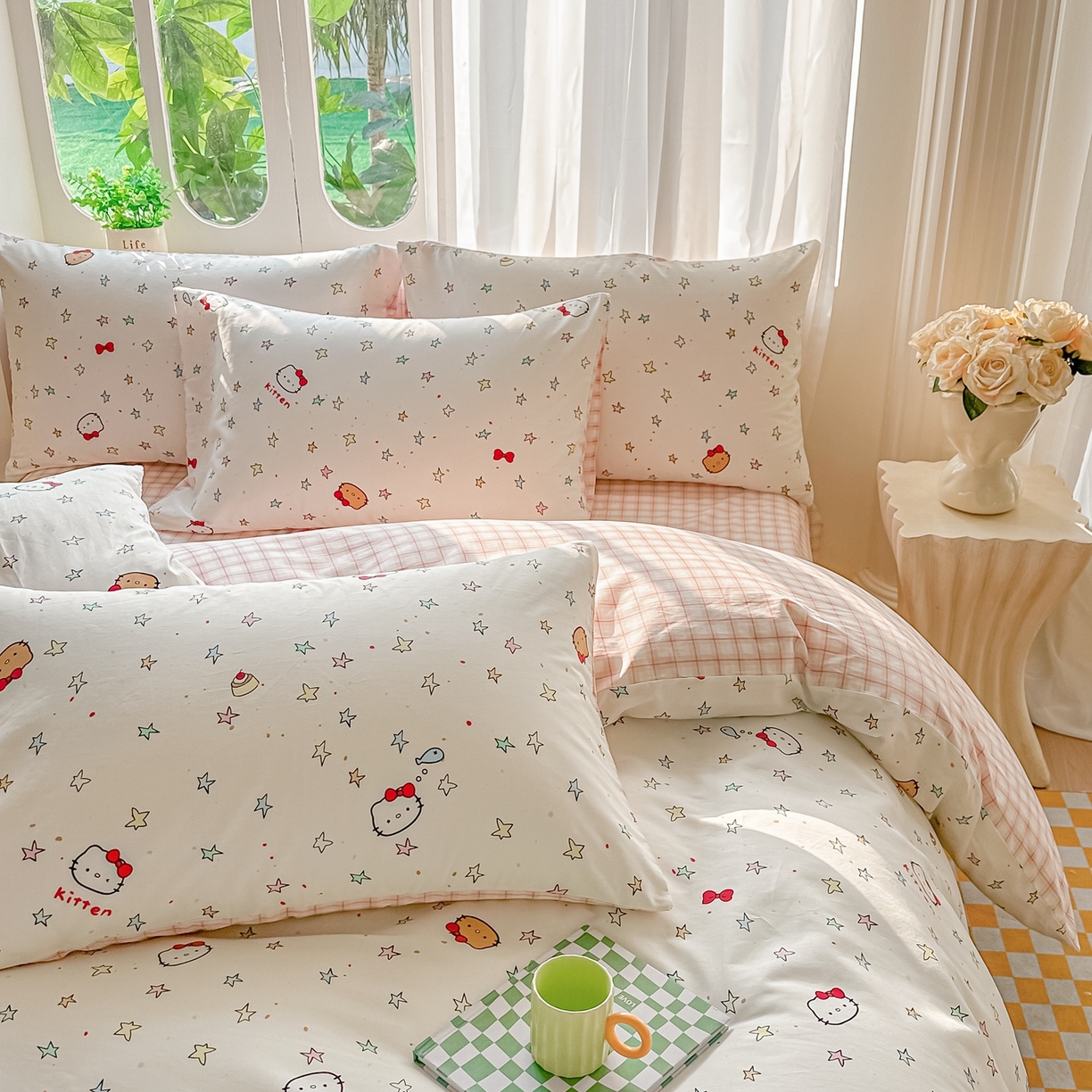 91家纺网 家纺一手货源 找家纺 颜选 2026新款全棉纯棉印花四件套 星星凯蒂猫