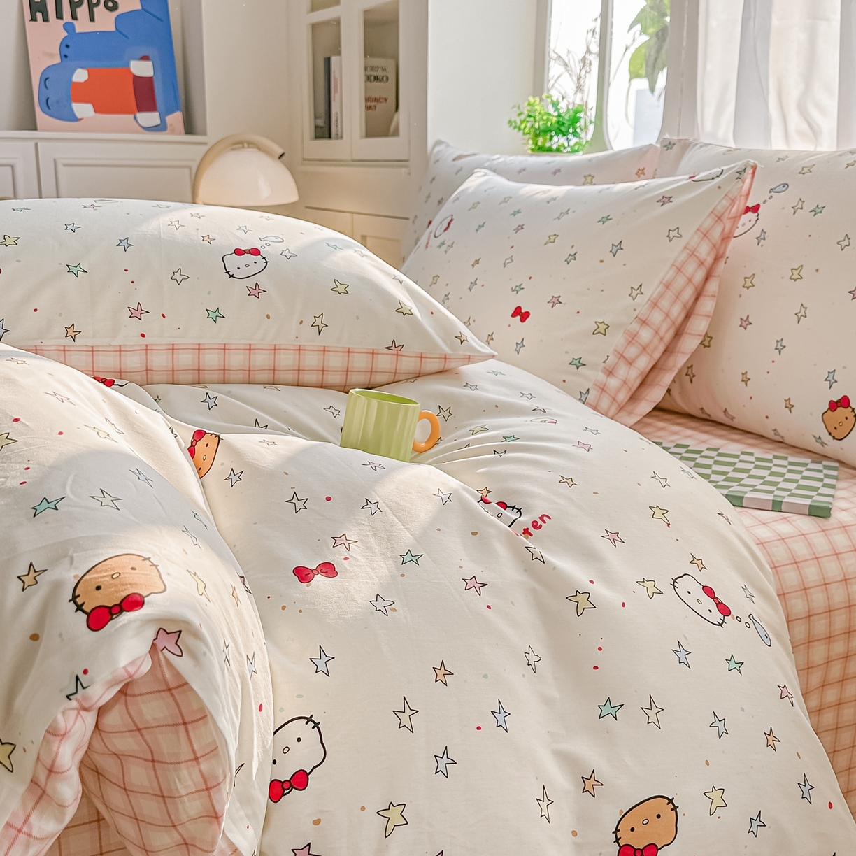 91家纺网 家纺一手货源 找家纺 颜选 2026新款全棉纯棉印花四件套 星星凯蒂猫