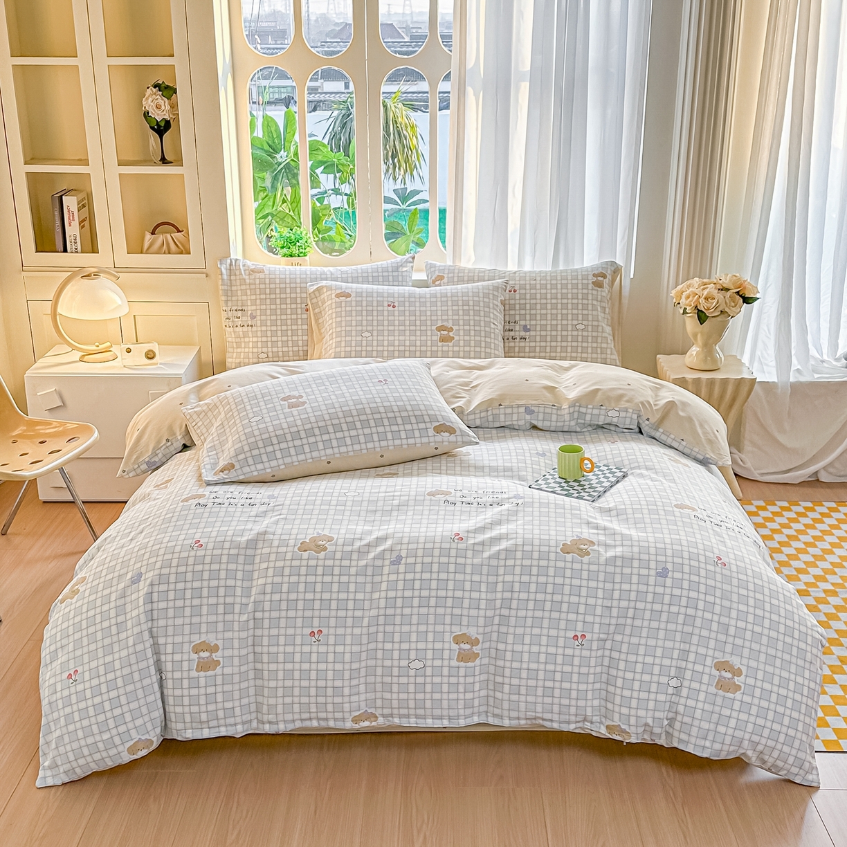 91家纺网 家纺一手货源 找家纺 颜选 2026新款全棉纯棉印花四件套 休闲格小狗