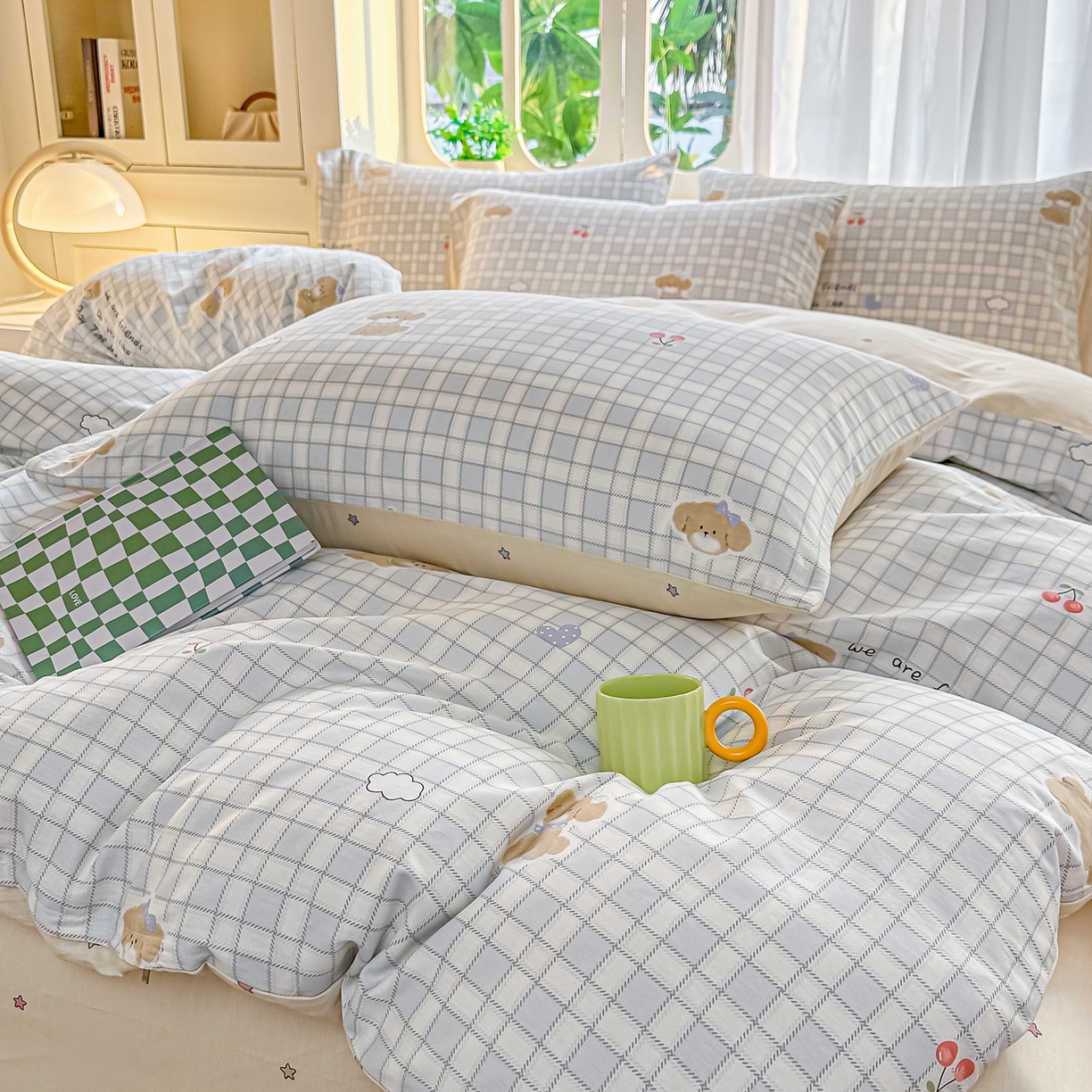 91家纺网 家纺一手货源 找家纺 颜选 2026新款全棉纯棉印花四件套 休闲格小狗