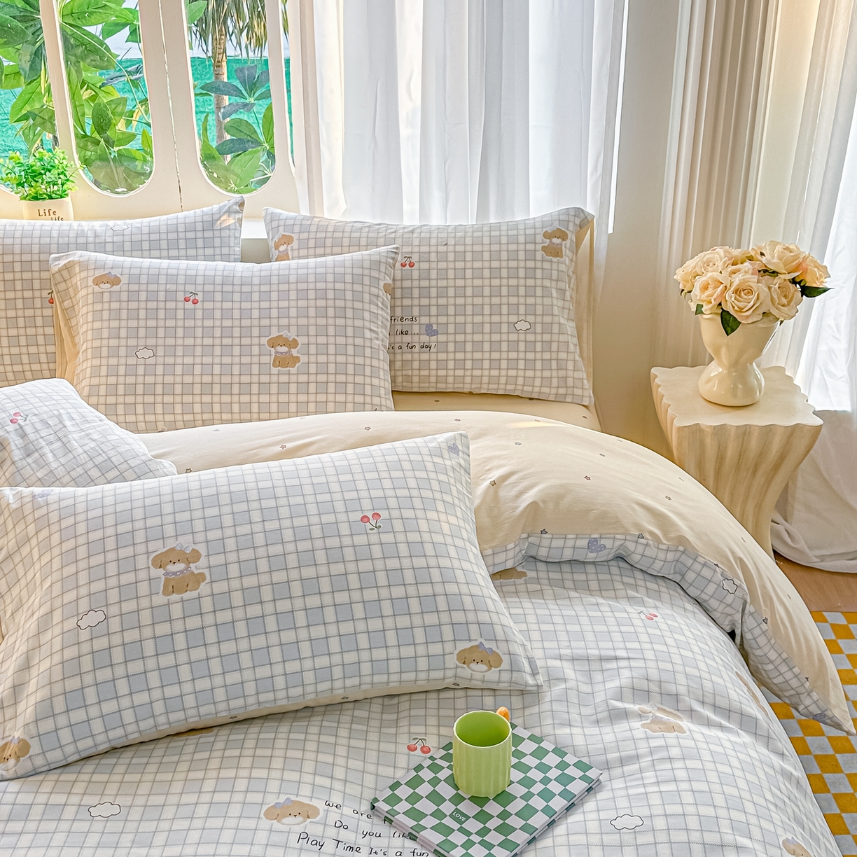 91家纺网 家纺一手货源 找家纺 颜选 2026新款全棉纯棉印花四件套 休闲格小狗