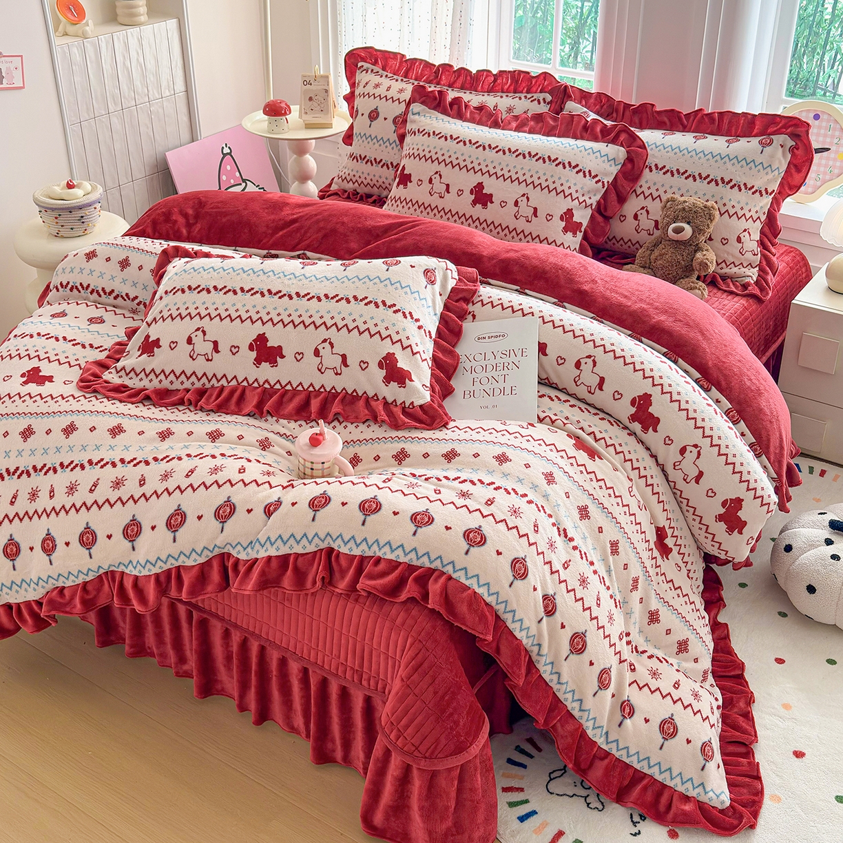 91家纺网 家纺一手货源 找家纺 梵克保罗 2026新款花边款牛奶绒印花贺岁款床盖四件套床褥炕垫四件套 花边款-马上有福