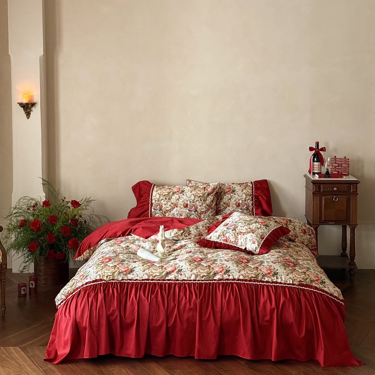 91家纺网 家纺一手货源 找家纺 优然居家纺 2022新款100支贡缎刺绣四件套-马里奥系列 玛里奥.欧陆粉