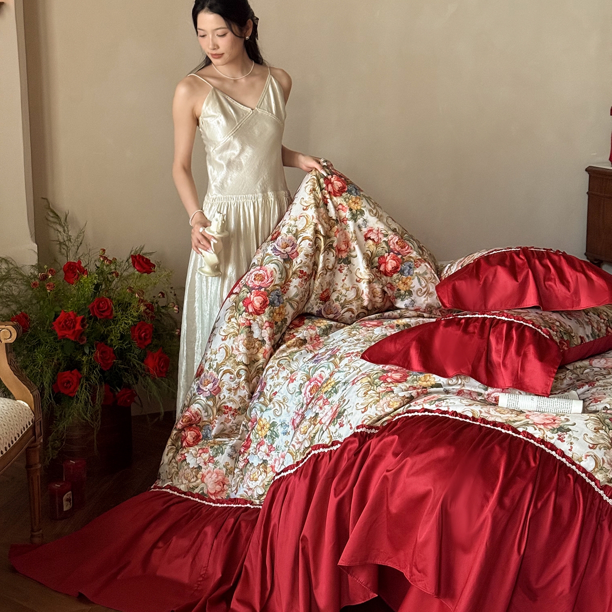 91家纺网 家纺一手货源 找家纺 （总）优然居家纺 2026新款100棉数码印花复古大花边四件套-罗马假期（会员-20 控价【基础价】468/488）