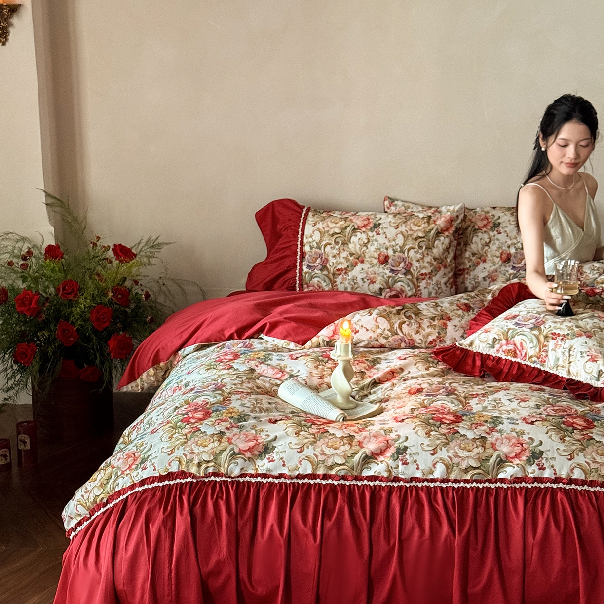 91家纺网 家纺一手货源 找家纺 （总）优然居家纺 2026新款100棉数码印花复古大花边四件套-罗马假期（会员-20 控价【基础价】468/488）