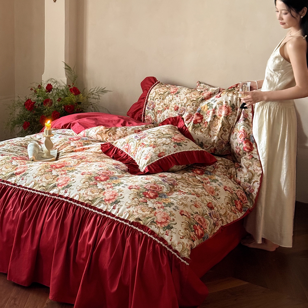 91家纺网 家纺一手货源 找家纺 （总）优然居家纺 2026新款100棉数码印花复古大花边四件套-罗马假期（会员-20 控价【基础价】468/488）