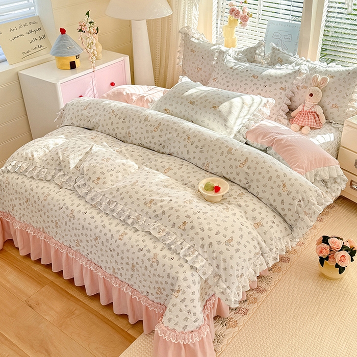 91家纺网 家纺一手货源 找家纺 （总）韩约家纺 2026新款韩式双层花边古法棉感床盖四件套