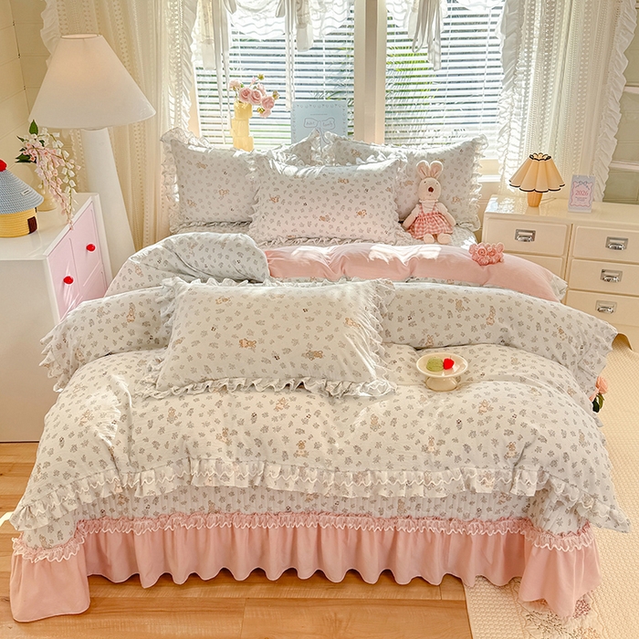 91家纺网 家纺一手货源 找家纺 （总）韩约家纺 2026新款韩式双层花边古法棉感床盖四件套