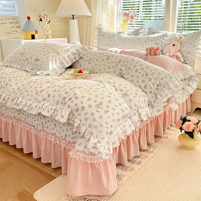 91家纺网 家纺一手货源 找家纺 （总）韩约家纺 2026新款韩式双层花边古法棉感床盖四件套