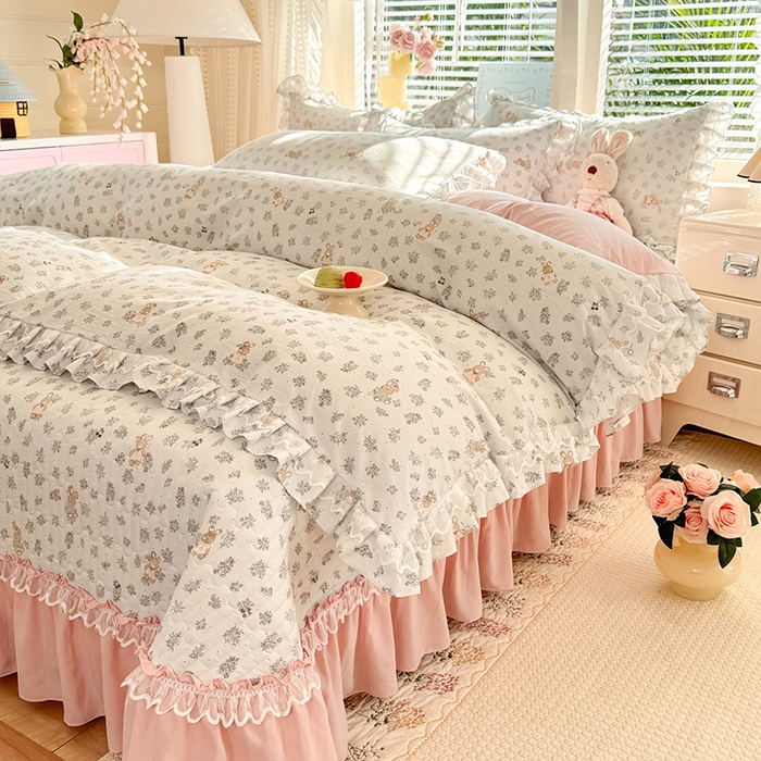 91家纺网 家纺一手货源 找家纺 （总）韩约家纺 2026新款韩式双层花边古法棉感床盖四件套