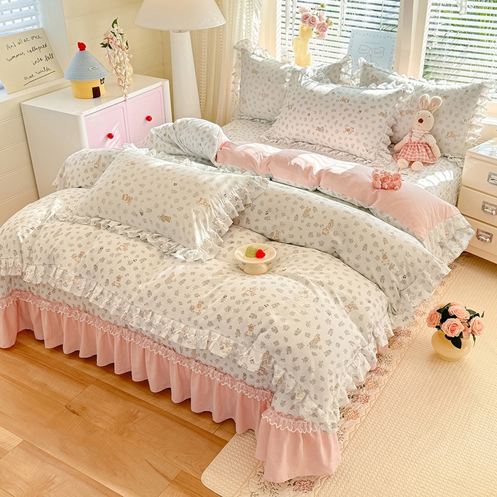 91家纺网 家纺一手货源 找家纺 （总）韩约家纺 2026新款韩式双层花边古法棉感床盖四件套