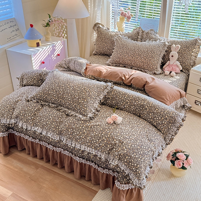 91家纺网 家纺一手货源 找家纺 韩约家纺 2026新款韩式双层花边古法棉感床盖四件套 繁花似锦