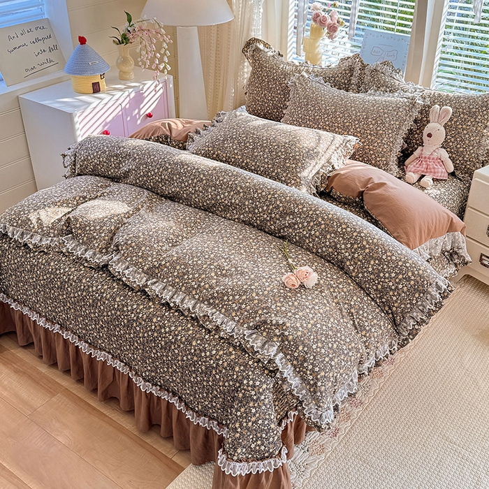 91家纺网 家纺一手货源 找家纺 韩约家纺 2026新款韩式双层花边古法棉感床盖四件套 繁花似锦