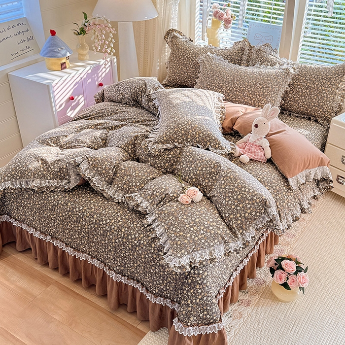 91家纺网 家纺一手货源 找家纺 韩约家纺 2026新款韩式双层花边古法棉感床盖四件套 繁花似锦